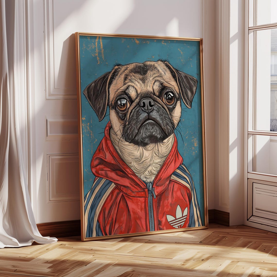 A Pug Wearing a Red Hoodie Tracksuit Funny Dog Portrait Poster - Image 3