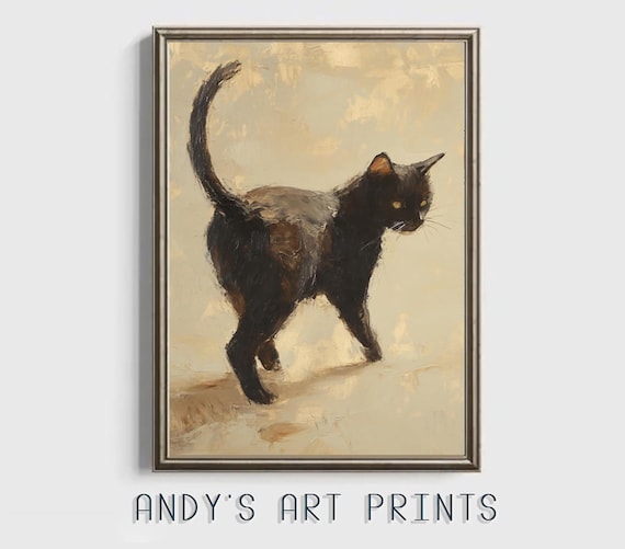 Black Cat Walking With Raised Tail Neutral Oil Painting Art Print