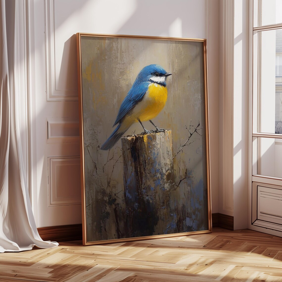 Blue Tit Bird On Wooden Stump Rustic Oil Painting Art Poster - Image 3