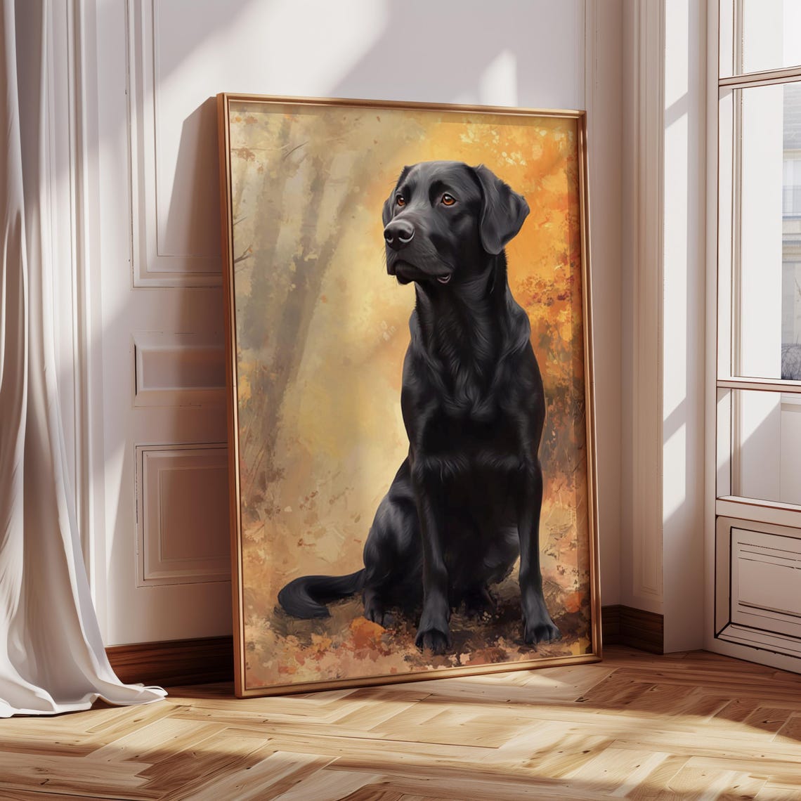 Black Labrador Sitting In Autumn Forest Golden Leaves Poster - Image 3