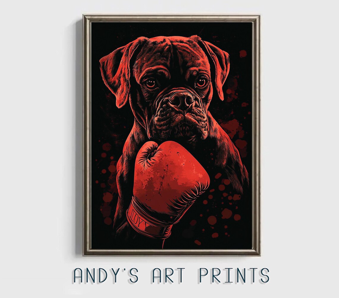 Boxer Dog Wearing a Red Boxing Glove Funny Pet Art Portrait Poster - Image 3