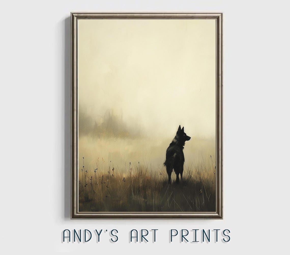 Black German Shepherd Silhouette In Misty Golden Field Art Print - Image 2