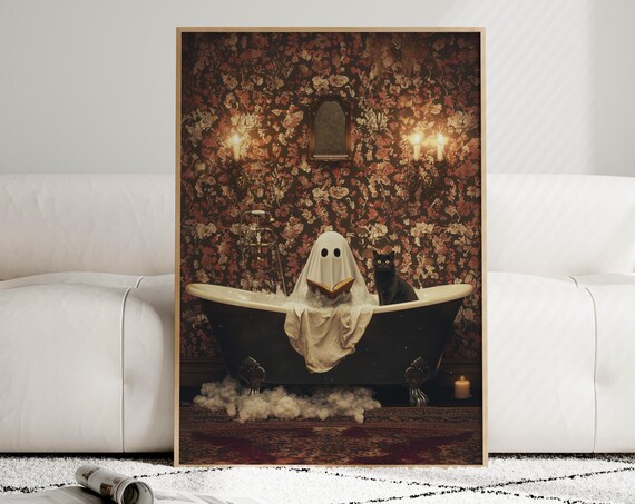 Ghost and Cat in Bathtub, Halloween Decor
