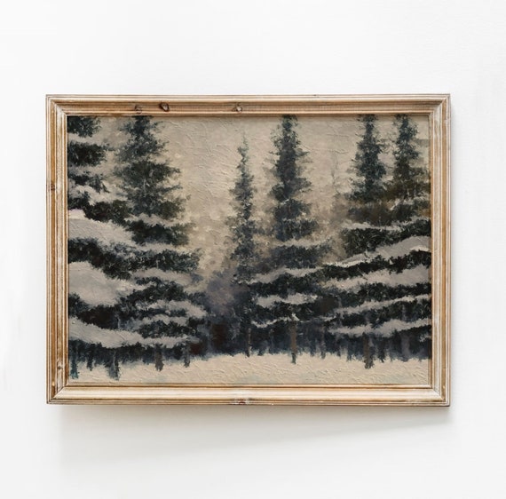 Winter Pine Tree Landscape Painting Snow Covered Forest Art Moody Vintage Print