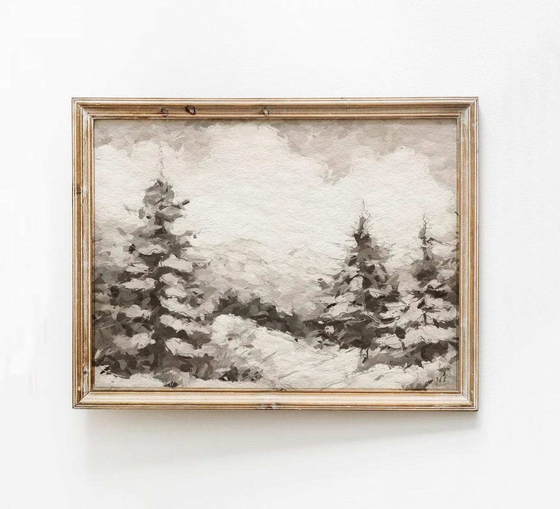 Snowy Pine Forest Winter Watercolor Neutral Christmas Tree Poster