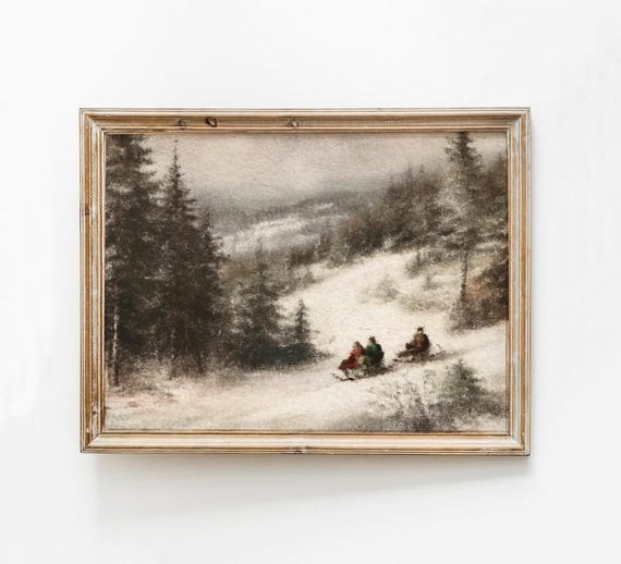 Sledding Winter Landscape Painting Snowy Hill Forest Moody Vintage Print White Snow Woods Poster Rustic Bob Sled Art