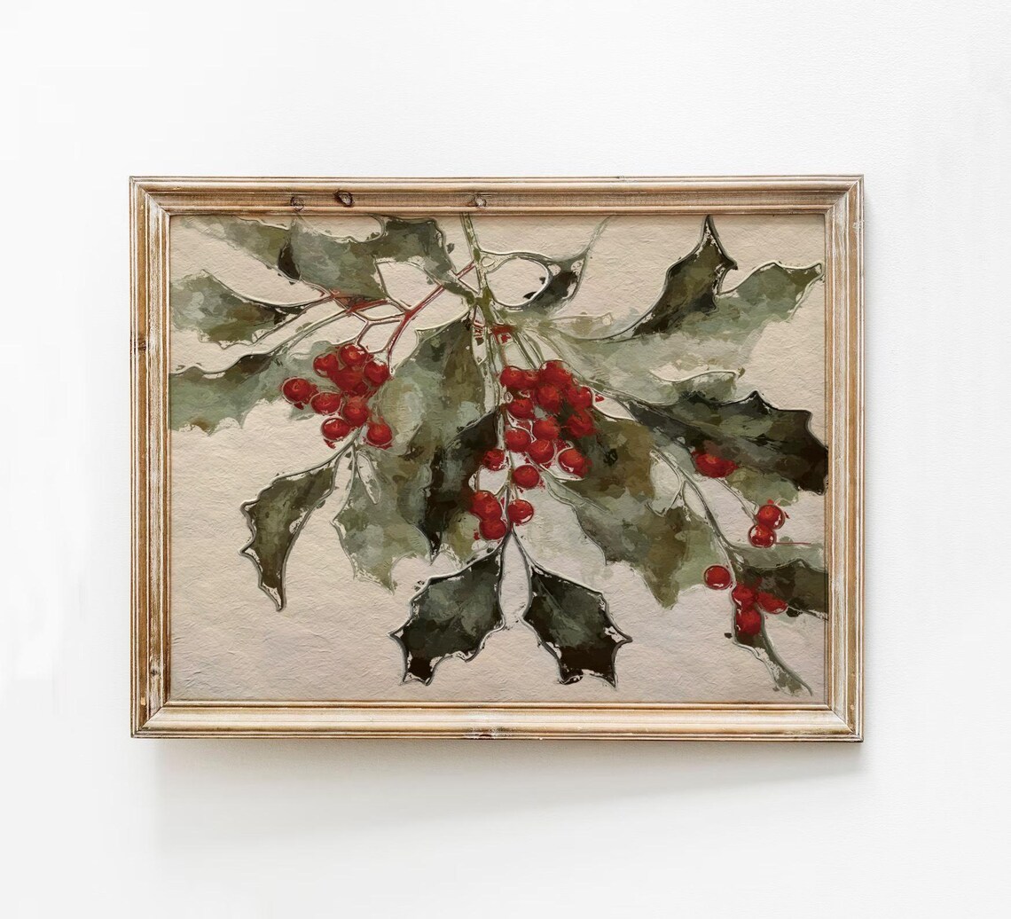 Vintage Holly Art Print, Rustic Holiday Berries
