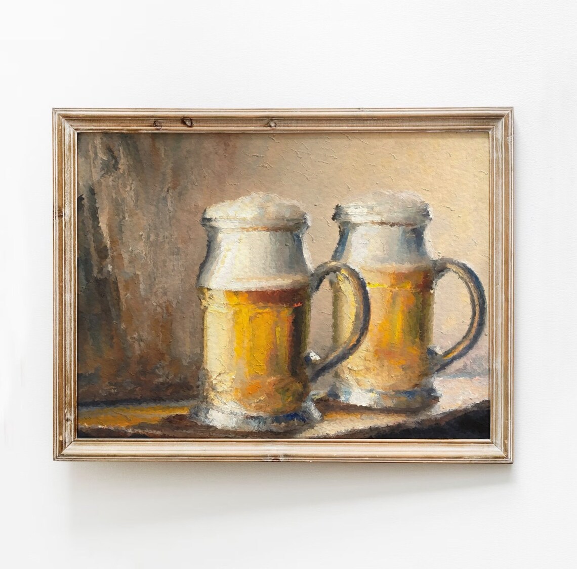 Two Frothy Beer Steins Moody Still Life Rustic Oil Painting Poster