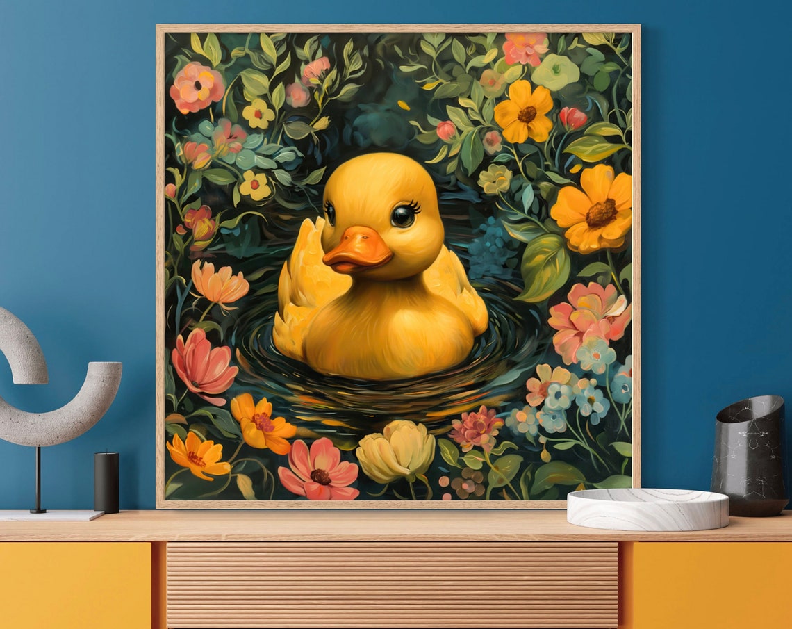 Whimsical Rubber Duck Flowers Playful Nursery Childrens Art Print