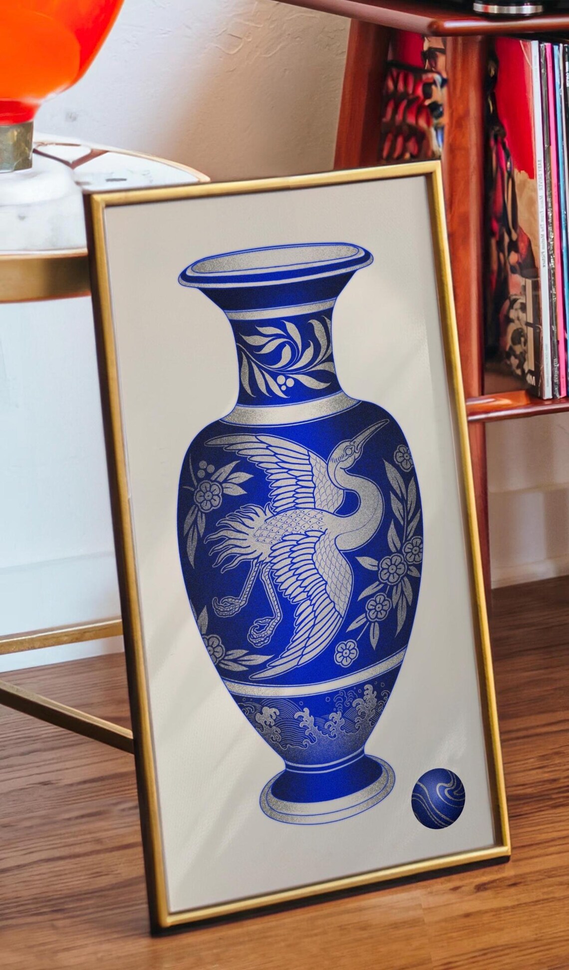 Blue and White Porcelain Vase Crane Floral Japanese Style Poster
