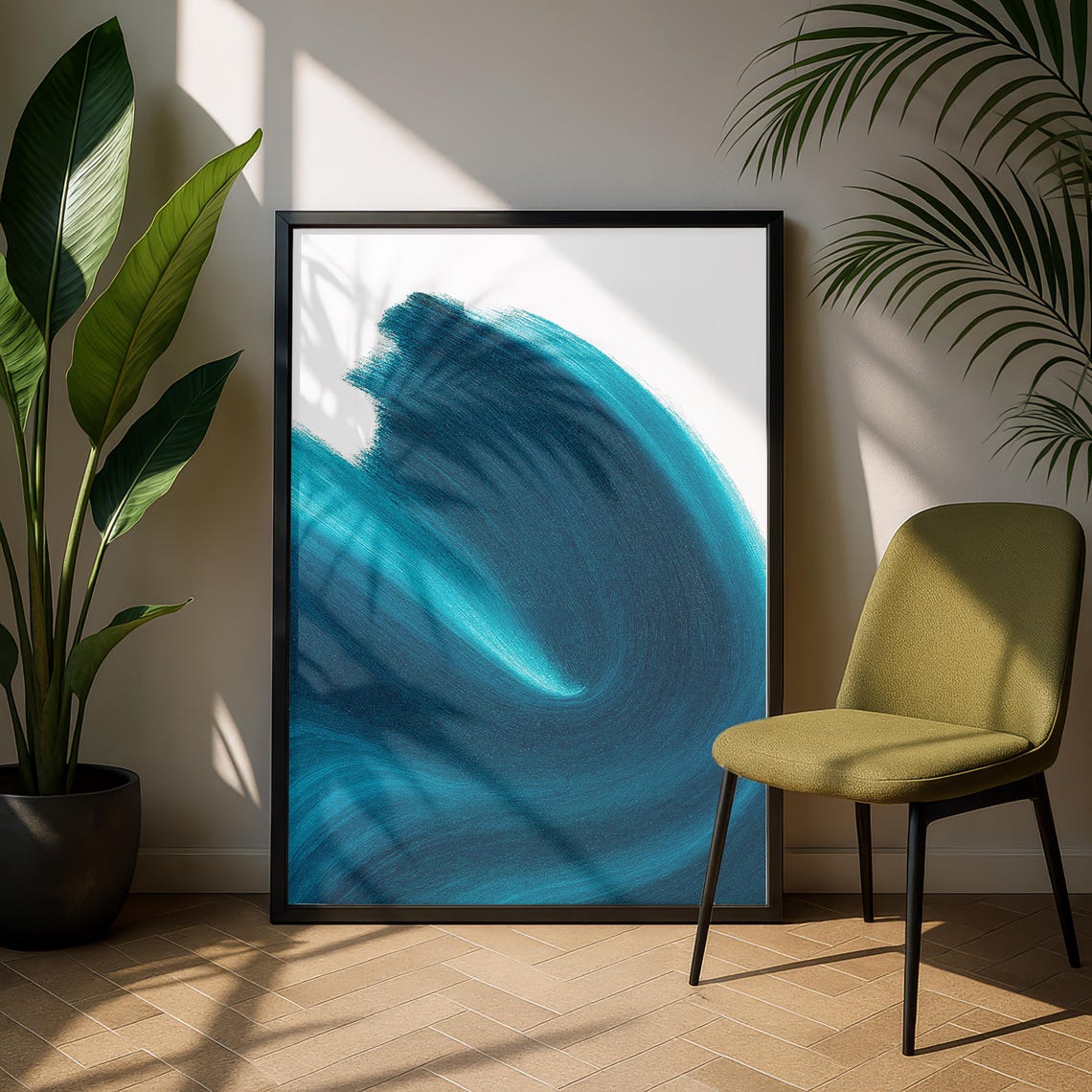 Teal Ocean Wave Abstract Brushstroke Watercolor Print Coastal Wall Art