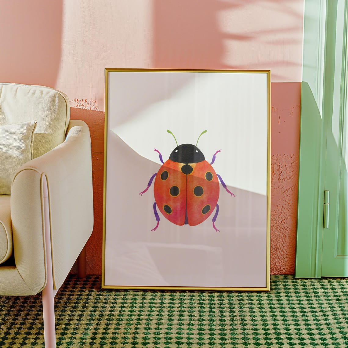 Cute Red Ladybug Polka Dot Watercolor Nursery Insect Wall Poster