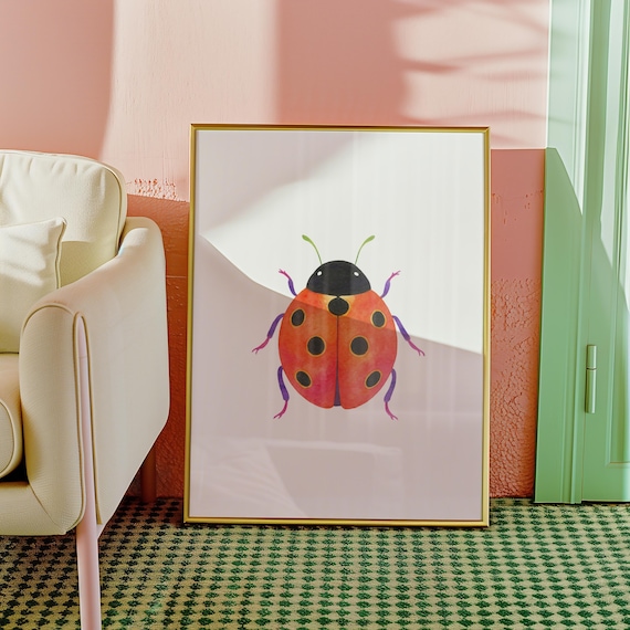 Cute Red Ladybug Polka Dot Watercolor Nursery Insect Wall Poster