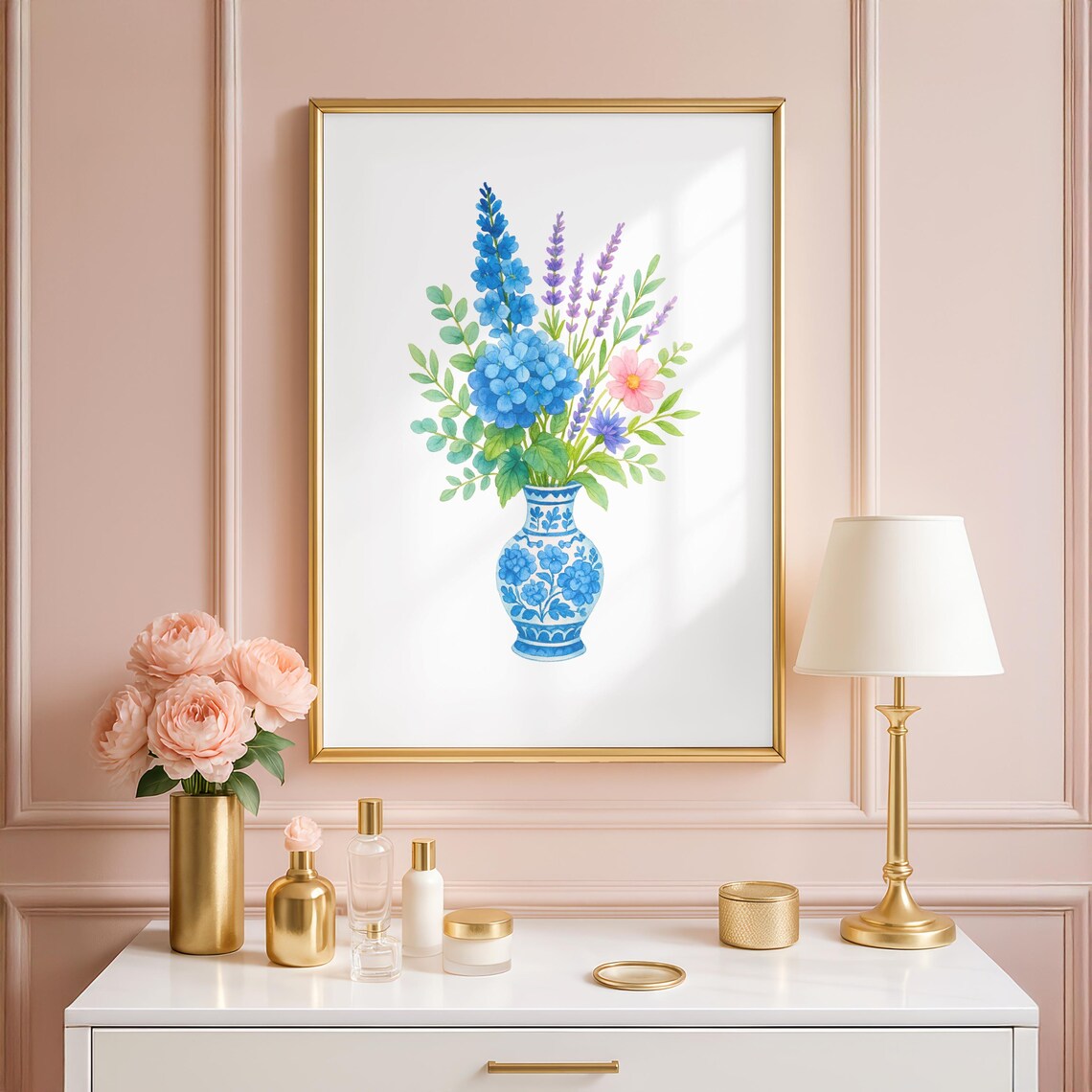 Chinoiserie Blue Porcelain Vase Watercolor Floral Bouquet Art Poster