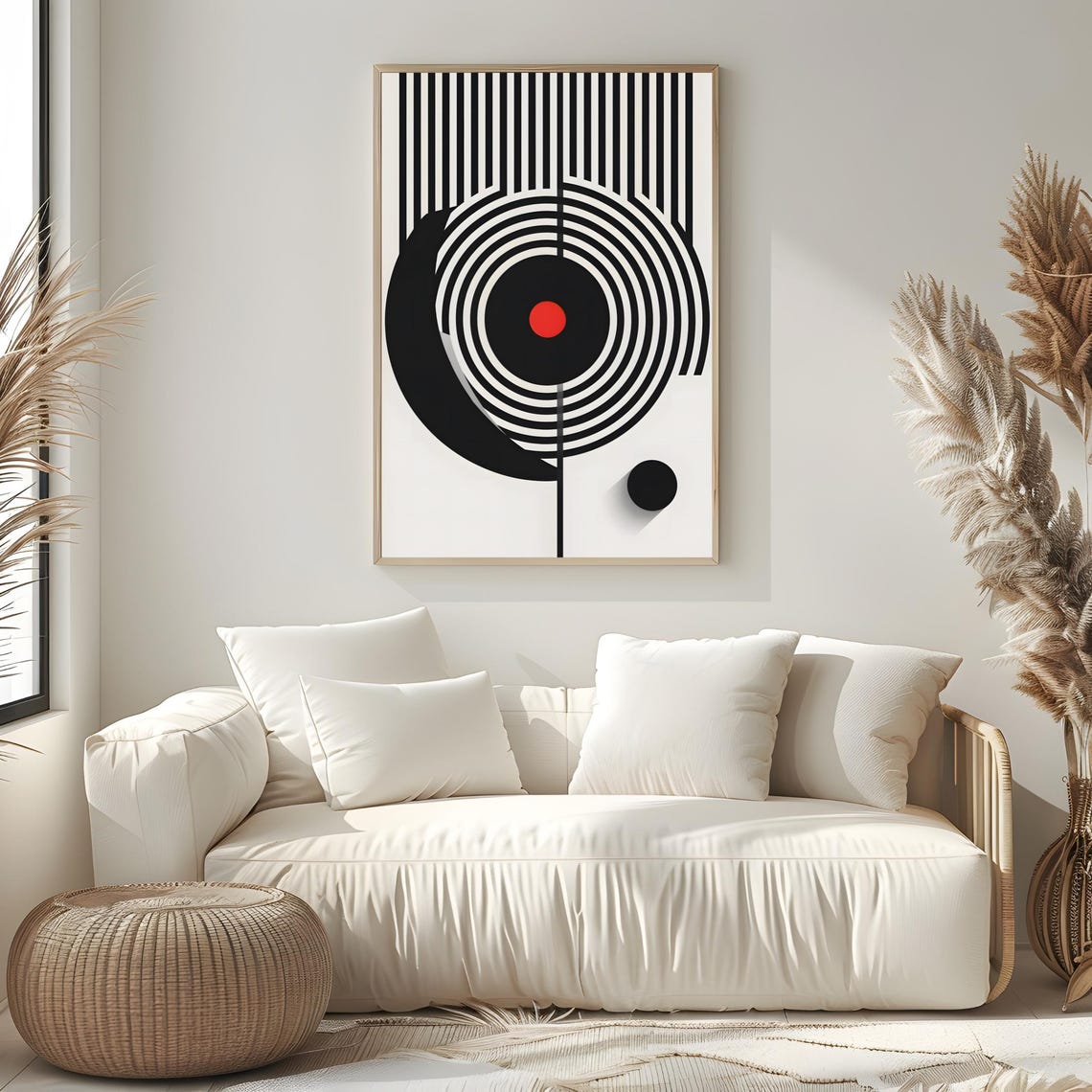 Mid Century Modern Concentric Circles Red Dot Black Arc Poster - Image 2
