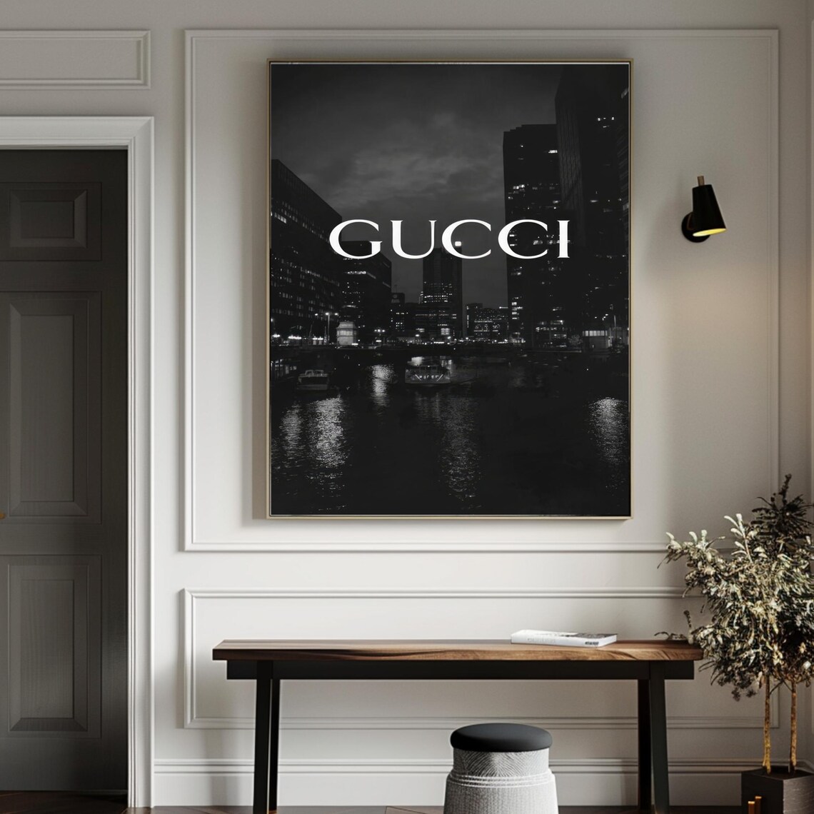Gucci Black And White Night City Skyline Over Water Fashion Poster - Image 3
