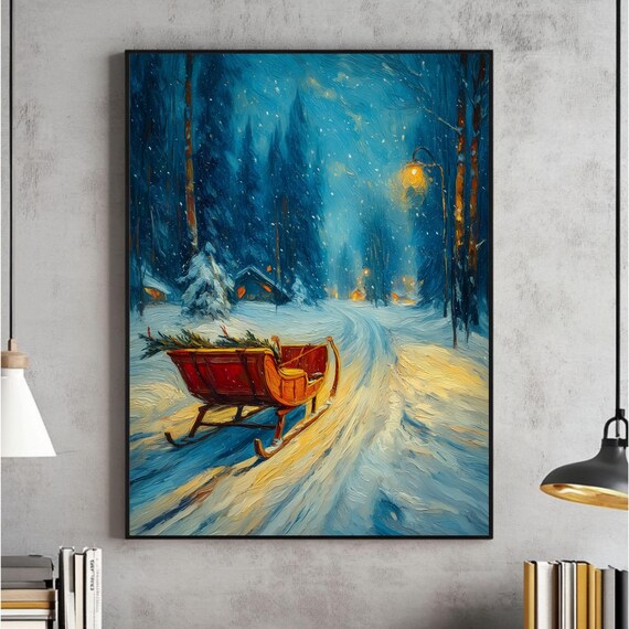 Vintage Red Sleigh On Snowy Winter Night Road Christmas Poster