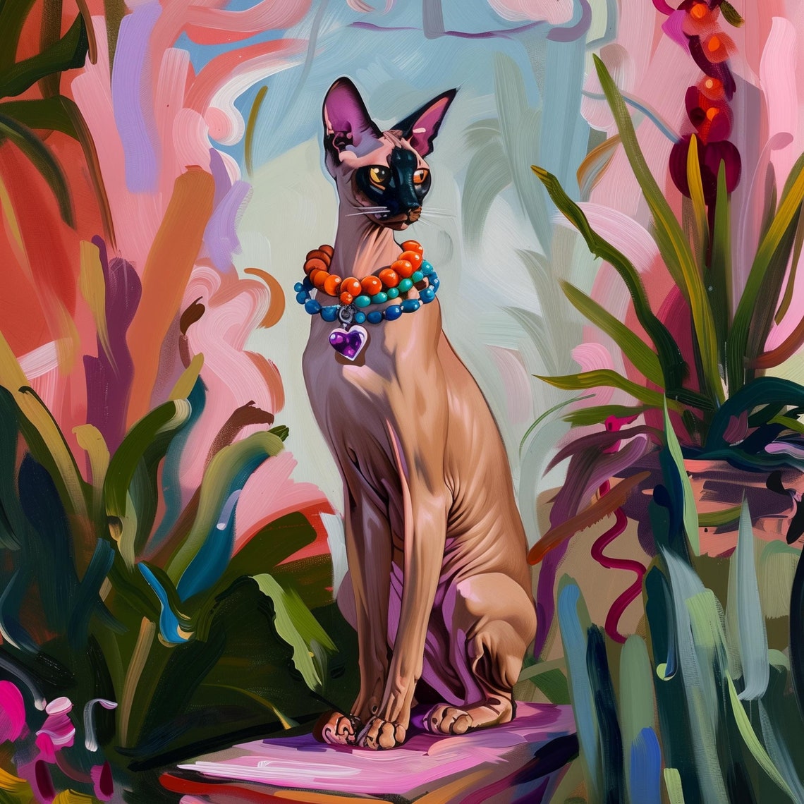 Sphynx Cat With Beaded Necklaces in Tropical Jungle Art Print
