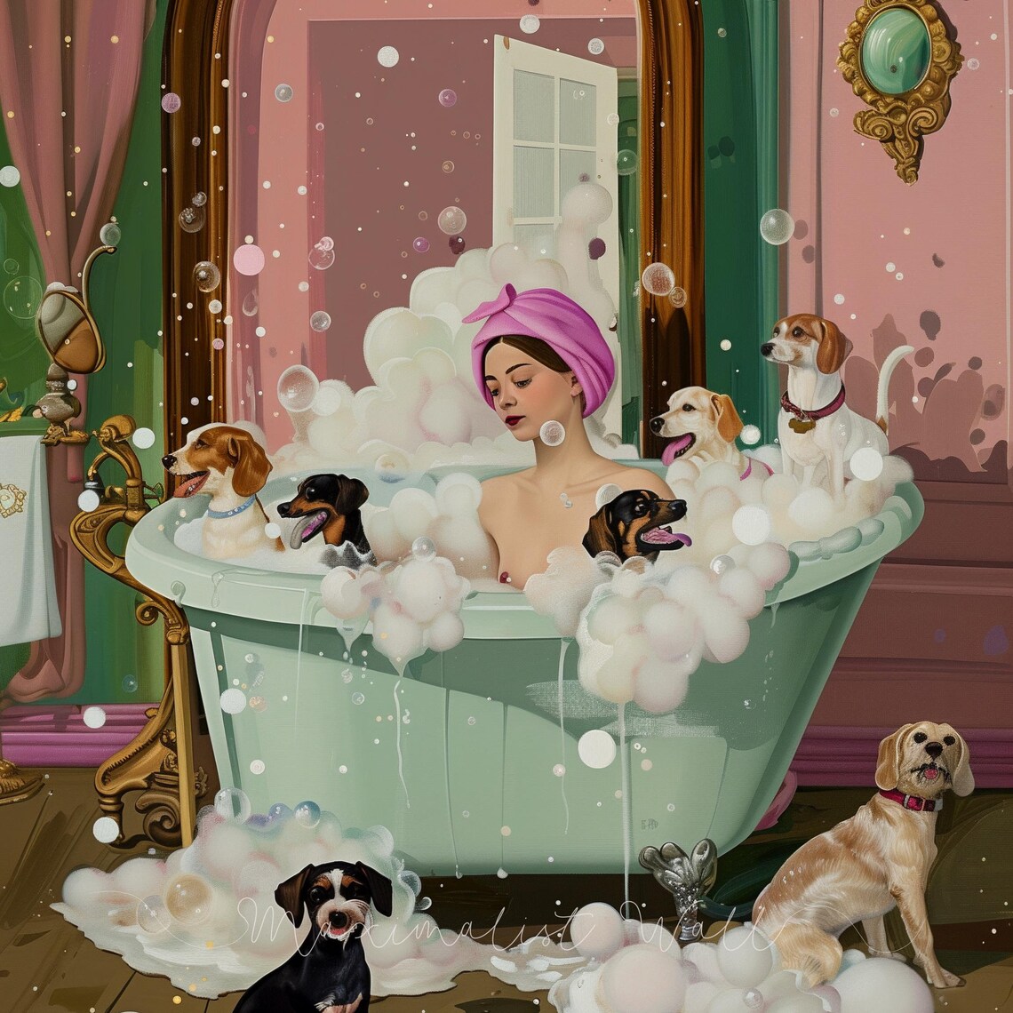The Bubble Bath, Whimsical Dog Wall Art Print