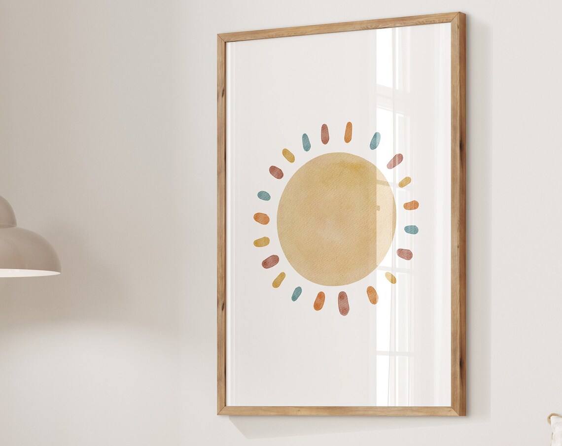 Boho Watercolor Sun Neutral Nursery Kids Room Minimalist Art Poster