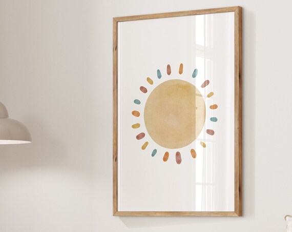 Boho Watercolor Sun Neutral Nursery Kids Room Minimalist Art Poster
