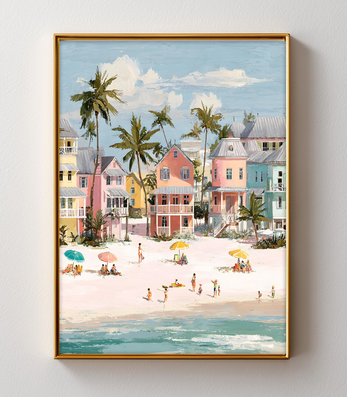 Florida Beach Houses Colorful Coastal Scene Umbrellas Ocean Poster