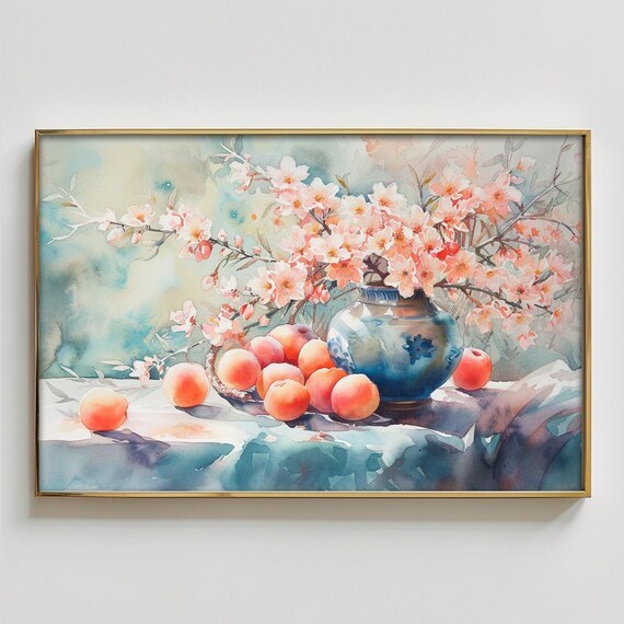 Still Life Coral Fruit And Flowers Watercolor Flower Vase Art Vibrant Painting Orange Instant Multiple Sizes