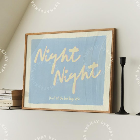 Night Night Horizontal Print Cute Bedroom Wall Art Baby Blue Pastel Poster Trendy Retro Aesthetic Kids Bedroom Decor Physical Print