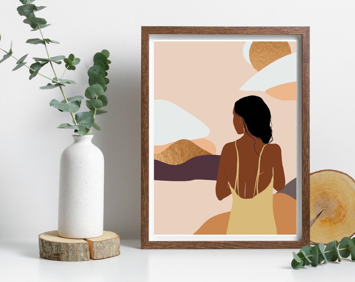 Woman From Behind Yellow Dress Desert Landscape View Art Poster