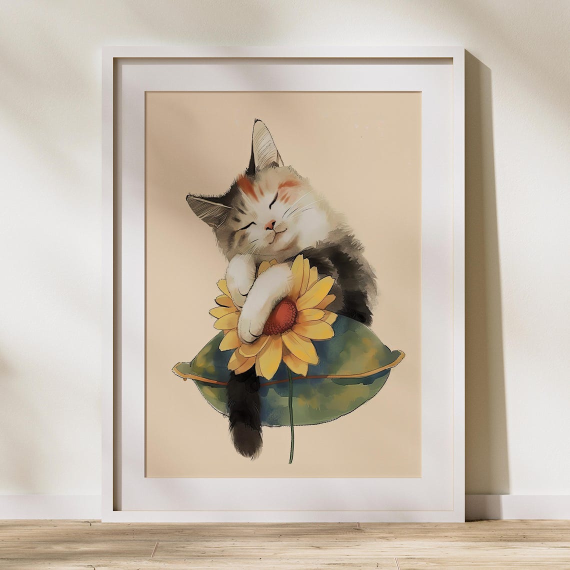 Sleeping Kitten Hugging A Sunflower On A Leaf Watercolor Art Poster - Image 2