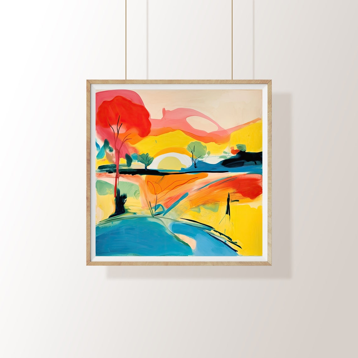 Abstract Watercolor Landscape with Red Tree and Hills Poster