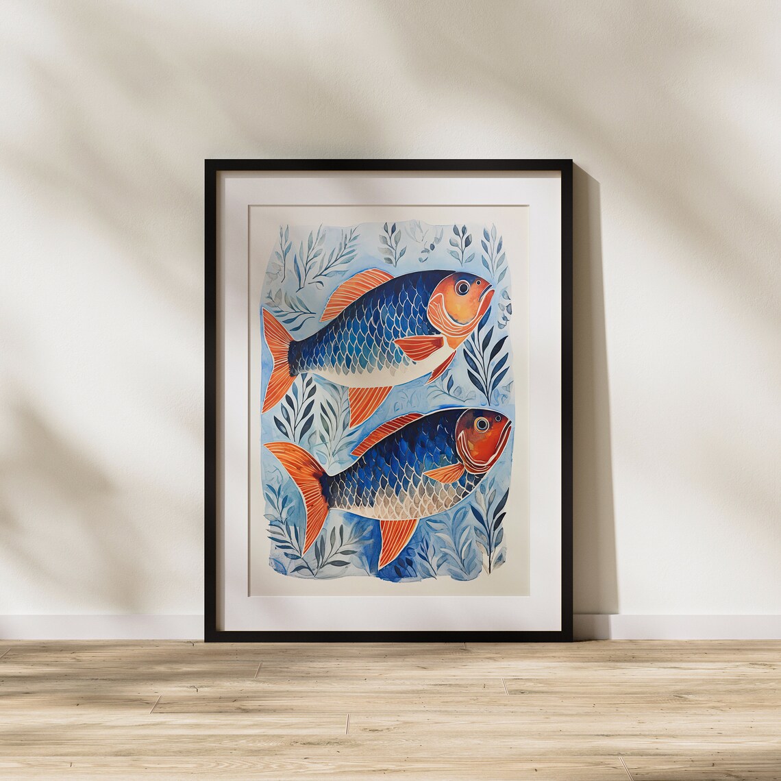 Pair of Blue and Orange Fish Watercolor Folk Art Style Poster - Image 2