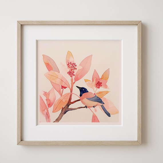 Charming Blue Headed Songbird on Branch with Pink Leaves Poster