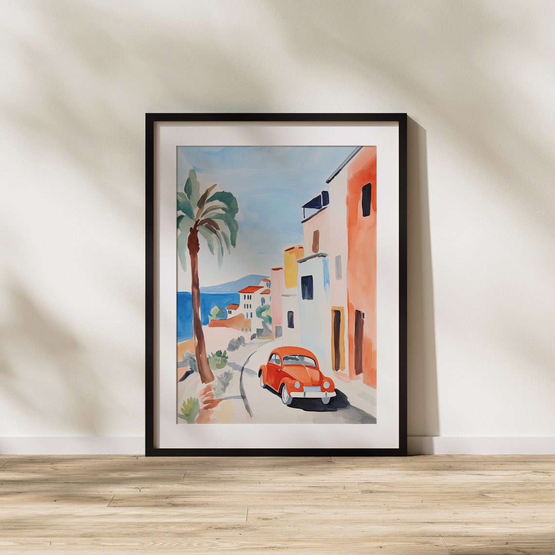 Red Volkswagen Beetle on a Sunny Mediterranean Street Poster - Image 2