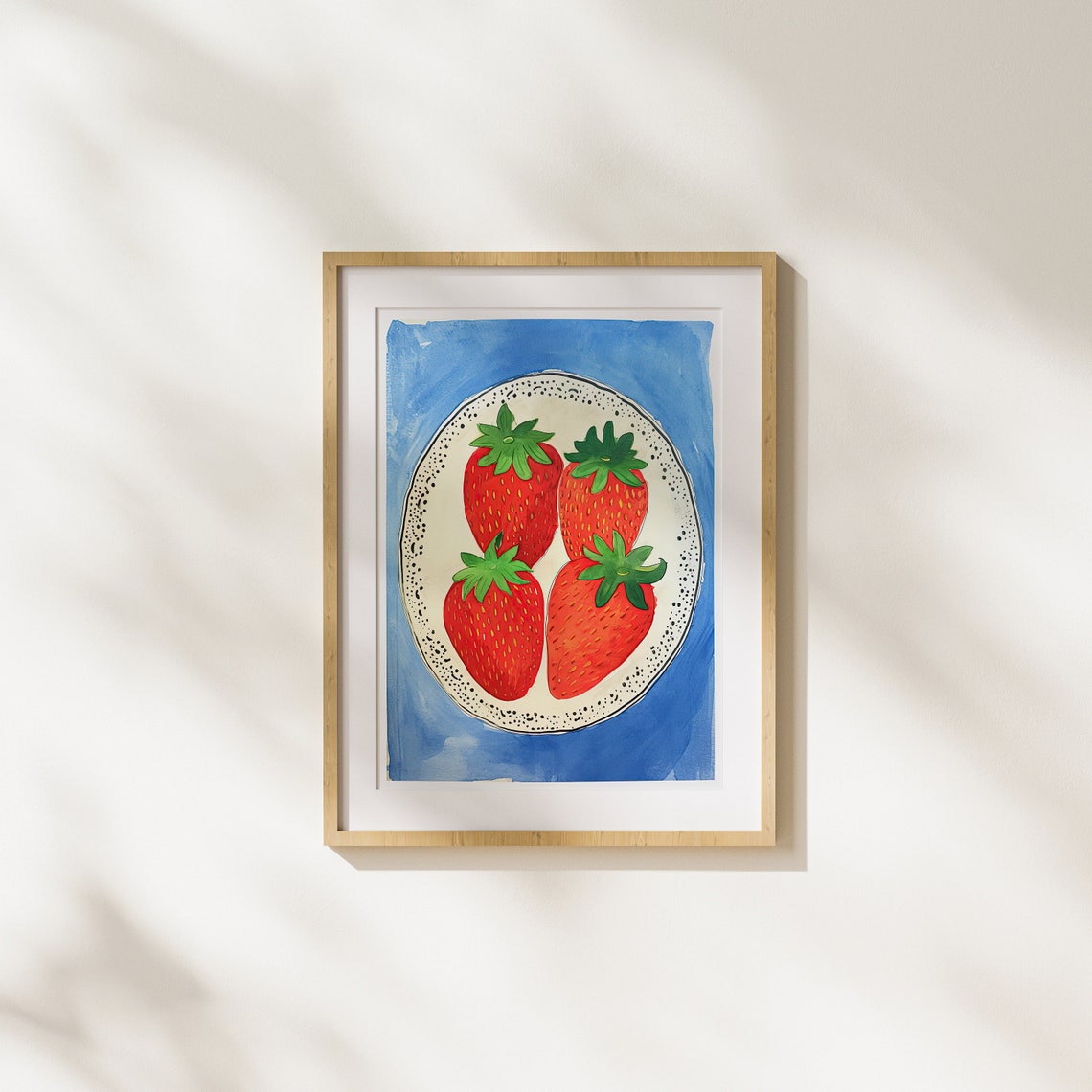 Four Strawberries on Decorative Plate Bright Blue Kitchen Art Poster