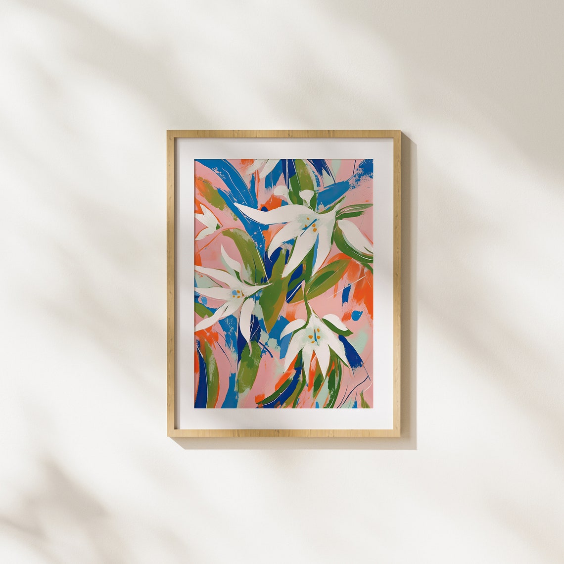 White Lilies Over Bright Pink And Blue Expressive Floral Art Poster