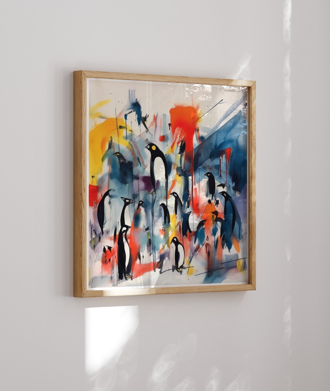 Penguin Colony Abstract Watercolor Splashes Modern Wildlife Art Poster - Image 2