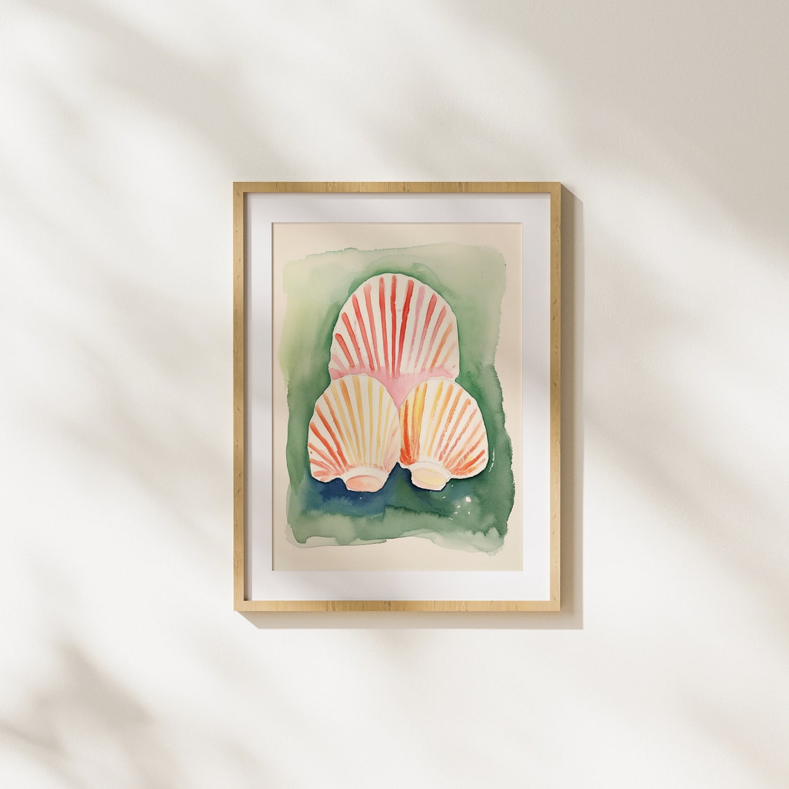 Watercolor Scallop Shells in Coral Orange and Green Tones Poster