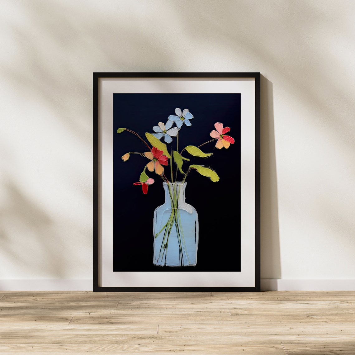 Minimal Wildflowers In Glass Vase On Dramatic Black Background Poster - Image 2