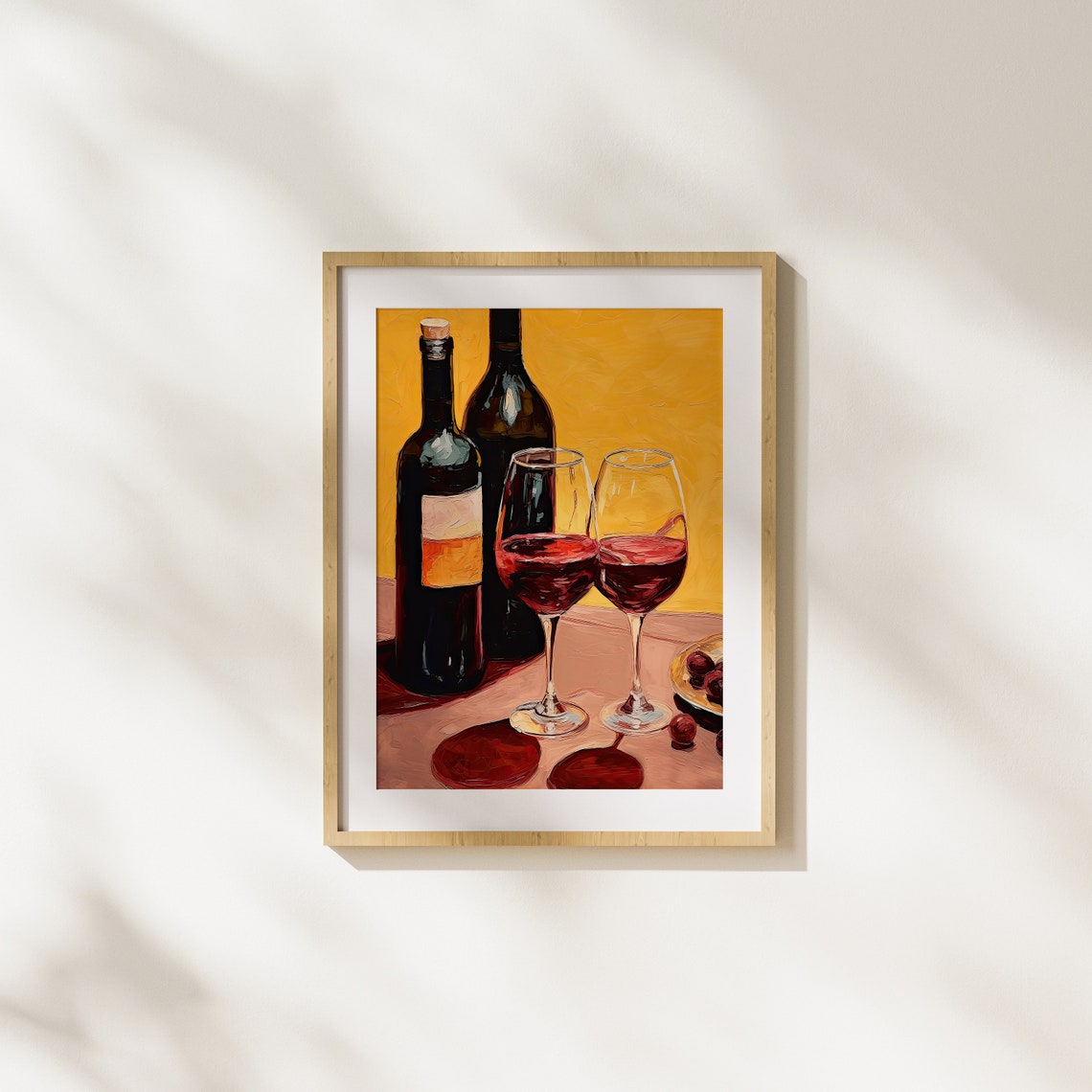 Red Wine Bottles and Glasses with Grapes Warm Still Life Poster