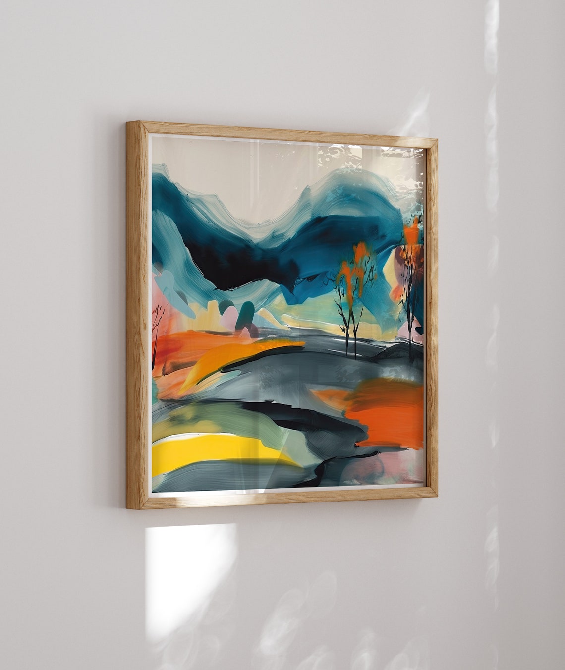 Abstract Teal Mountains Autumn Fields Colorful Landscape Art Poster - Image 2