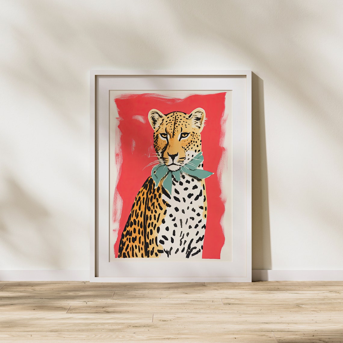 Chic Leopard in Green Scarf Fun Wild Animal Art Illustration Poster - Image 2
