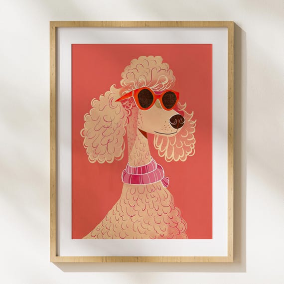 Retro Glamour Poodle Dog Pet Lover Fashion Modern Abstract Illustration Fun Nursery Wall Art Pink Red Surrealism