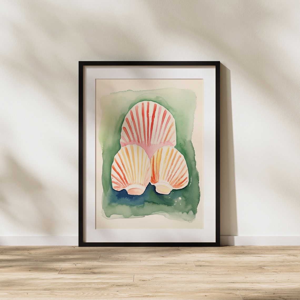 Watercolor Scallop Shells in Coral Orange and Green Tones Poster - Image 2