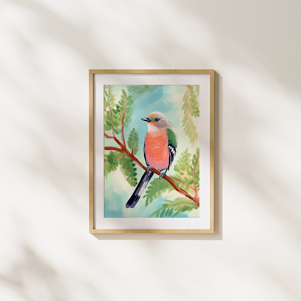Colorful Songbird on Branch with Green Leaves Tropical Bird Art Poster