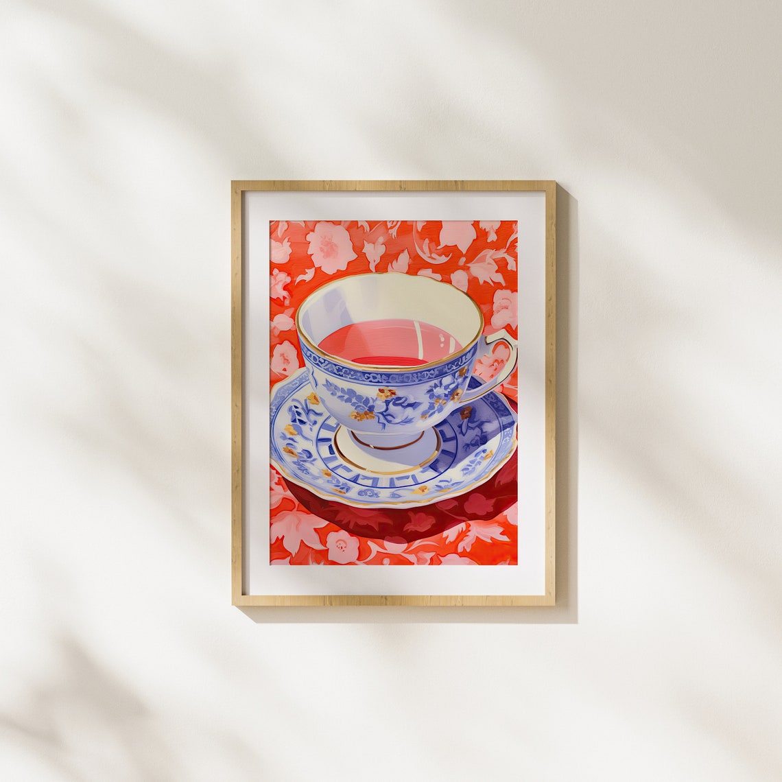 Blue Porcelain Teacup of Pink Tea Elegant Still Life Art Poster