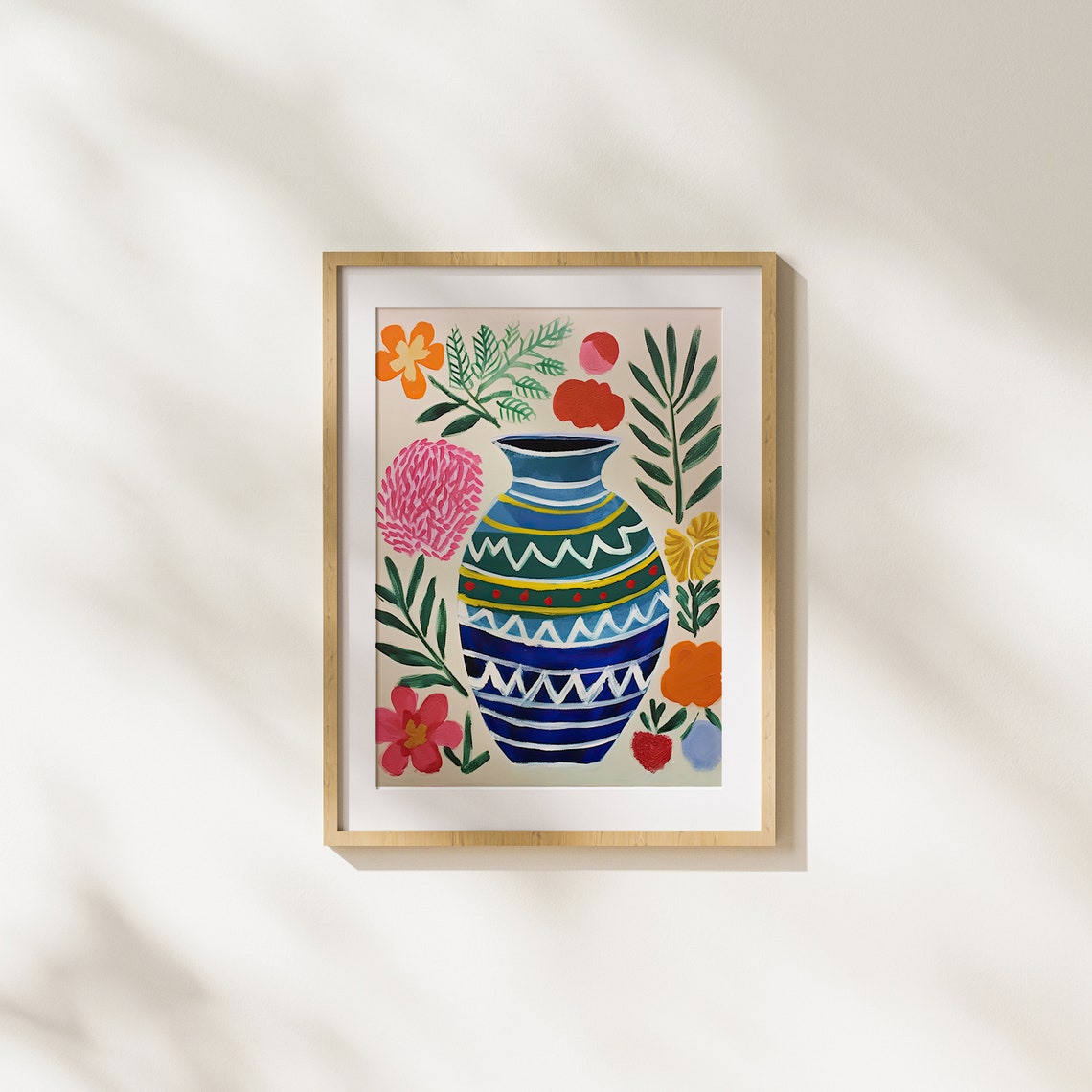 Blue Folk Art Vase with Zigzag Pattern and Wildflowers Poster