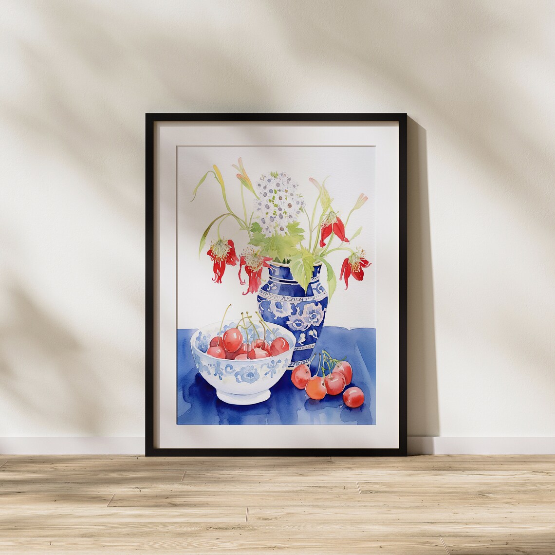 Watercolor Porcelain Vase With Red Cherries Classic Still Life Poster - Image 2