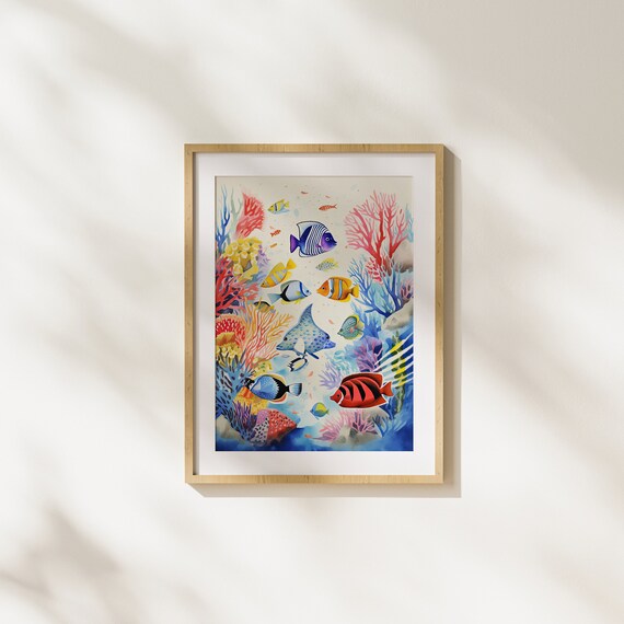 Coral Reef Fish Sea Underwater Corals Watercolor Life Animals Tropical Fishes Nature Colorful Painting Art Unique