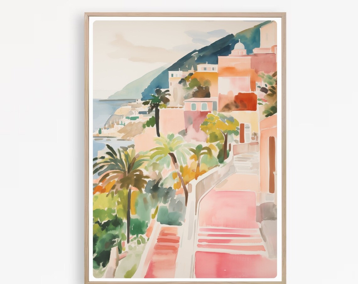 Amalfi Coast Positano Travel Poster, Watercolor Art Print